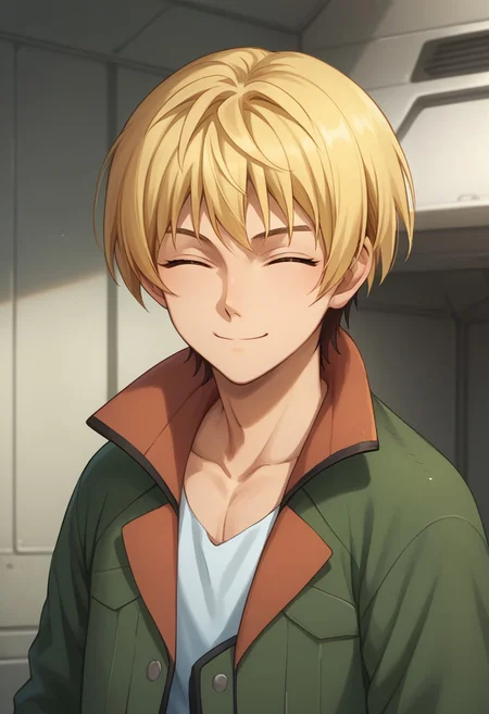 score_9, score_8_up, score_7_up, source_anime, highly detailed,
takaki, 1boy, male focus, solo, blonde hair, upper body, smile, closed eyes, closed mouth, jacket, green jacket, looking at viewer, pants, brown eyes,
indoor, hangar,