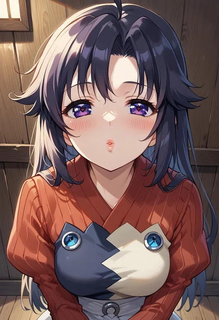 score_8, score_8_up, score_7_up, source_anime, anime screenshot, 1girl, female focus, solo, Claret_SN, black hair, purple eyes, parted bangs, asymmetrical bangs, long hair, ribbed shirt, red shirt, juliet sleeves, indoors, wooden wall, wooden floor, fantasy, indoors, POV, incoming_kiss, ahoge, detailed eyes, blush, lips, imminent_kiss, incoming kiss, POVkiss, lips, depth_of_field, solo focus, blurry_background, portrait