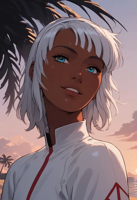 score_9, score_8_up, score_8_up, 1boy, sexy 18yo boy, ((alone)), loran, twink, androgynous, femboy, loran cehack, loran gundam, dark skin, white hair, blue eyes, hairband, slender body, tropical beach, summer day, sunny day, hot, ocean, posing, seductive, palm trees, smiling, white bodysuit, arched back