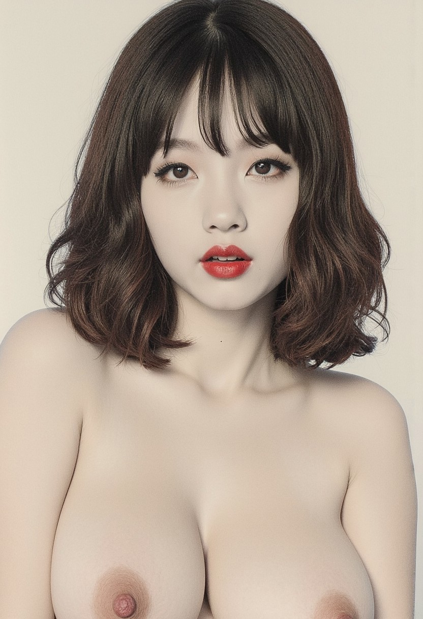 vtgbrst. HS28008. 
A sketch in simple graphite pencil, (upper-body portrait) of a young Japanese woman, vintage, chic, fair skin, beautiful, shoulder-length dark brown hair, red lips, long black eyelashes, bright gray-blue eyes, eye detail, clarity, vivid colors, chiaroscuro lighting, nude, intricate details, hyper-detailed, hyper-realistic, professional photoshoot. Her large HSstsaerb are visible with detailed red HSselppin and red HSealoera.