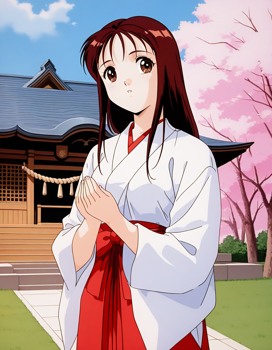 general,highres, ultra-detailed,very aesthetic,best quality ,best hands,  BREAK <lora:Arisa_Seijuden_IS:1> Arisa, 1girl, solo, long hair, bangs, brown hair, red hair, brown eyes, breasts, 1990s \(style\),anime coloring,
japanese white clothes, miko, red hakama, shrine, cherry blossom, kimono,
day,  sky, grass,