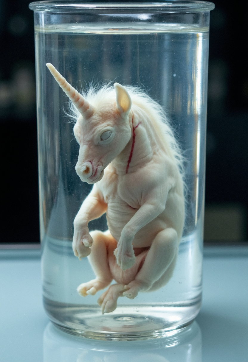 photograph of wet sample of a unicorn embryo in a beaker of clear liquid, looking very fresh, floating in fetal position. Tender transparent skin with red veins visible underneath, large head, small torso, very small hooves, small twisted horn, milky eyes, very detailed, creepy atmosphere, harsh bright light in a modern hi-teck laboratory <lora:wet_sample-000129:1>