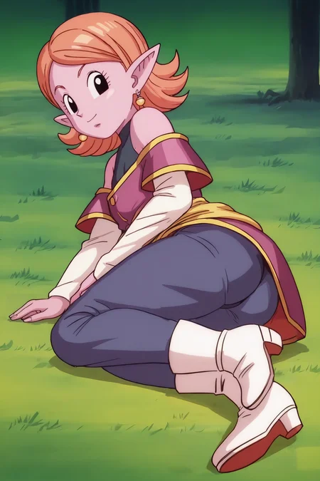 source_anime, score_9, score_8_up, score_7_up, anime screencap,8k, absurdres, chronoa, potara earrings, orange hair, pointy ears, black eyes, colored skin, purple skin, bare shoulders, potara earrings, off shoulder, detached sleeves, white sleeves, purple tunic, sleeveless turtleneck leotard, kai tunic, blue pants, high heel boots, looking back, from behind, tree, grass, official style, sitting, shoe soles,
 <lora:chronoa_pony_v2:0.8>