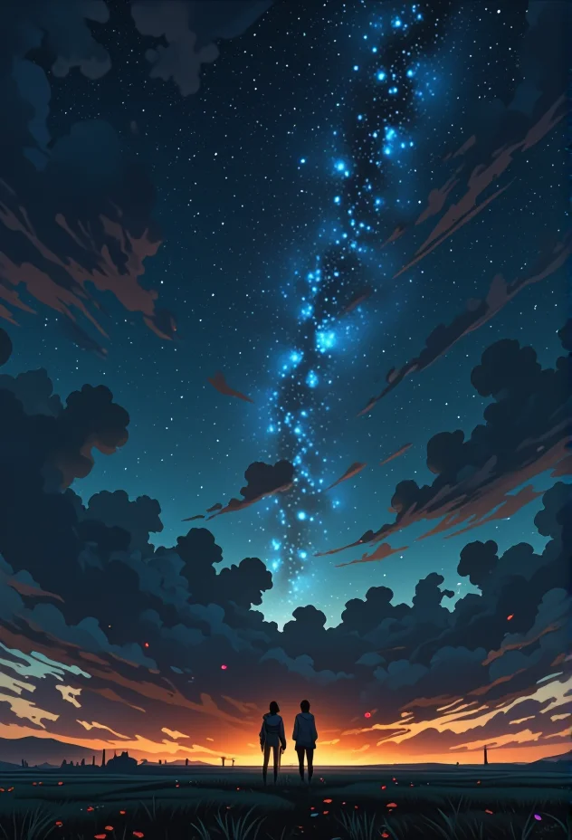 golden hour scene of two friends sharing a quiet moment. The scene showcases a sky filled with shimmering stars and constellations, with endless open fields in the background. The lighting casts moody blue tones, enhancing the surreal beauty of the landscape. The figure is dressed in a futuristic outfit, adding a feeling of freedom. Small details, like petals drifting on a gentle breeze, bring an extra layer of magic and realism to the scene.} bv-stuanilan<lora:bv-stunning-anime-landscape-v1.safetensors:1.0:1.0>
