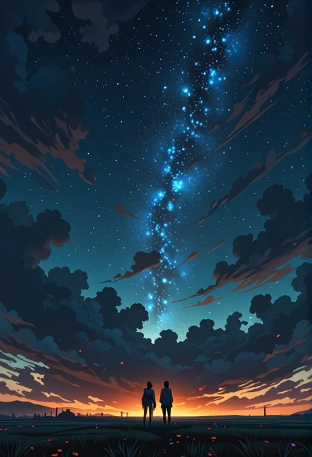 golden hour scene of two friends sharing a quiet moment. The scene showcases a sky filled with shimmering stars and constellations, with endless open fields in the background.   The lighting casts moody blue tones, enhancing the surreal beauty of the landscape. The figure is dressed in a futuristic outfit, adding a feeling of freedom. Small details, like petals drifting on a gentle breeze, bring an extra layer of magic and realism to the scene.} bv-stuanilan<lora:bv-stunning-anime-landscape-v1.safetensors:1.0:1.0>