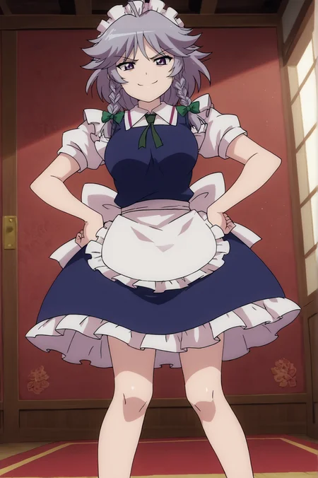 score_9, score_8_up, score_7_up,anime_source, source_anime, best background, detailed background, anime screencap, Sakuya, bow, dress, maid, maid headdress, short sleeves, solo, hands on own hips, dynamic angle, dynamic pose, light smile, smug, indoors, <lora:JN_Izayoi_Sakuya:0.8>