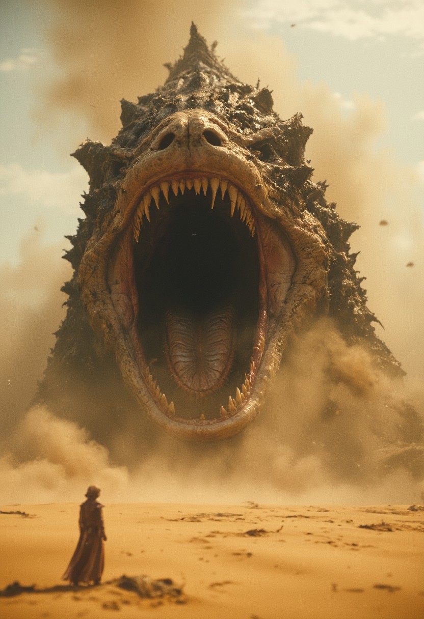 A towering, fearsome sandworm erupts from the roaring desert sands, its massive, bone-armored body partly submerged but with its upper half thrust out of the sand. The scene captures an extreme close-up of the sandworm's wide-open, gaping maw filled with razor-sharp, jagged teeth, showing the immense scale of the creature. The atmosphere is vibrant, photorealistic, and richly detailed, with analog film-like realism in UHD, 4K quality. The image has dense, swirling sand and dust kicked up by the sandworm’s emergence, filling the air with an ominous haze. The lighting is atmospheric, with volumetric effects that highlight the sandworm’s textured armor and rugged, ancient look, evoking a sense of honor and anticipation. The fluttering, bleak desert backdrop hints at an epic confrontation, with cinematic, epic film quality for a dramatic, awe-inspiring scene.