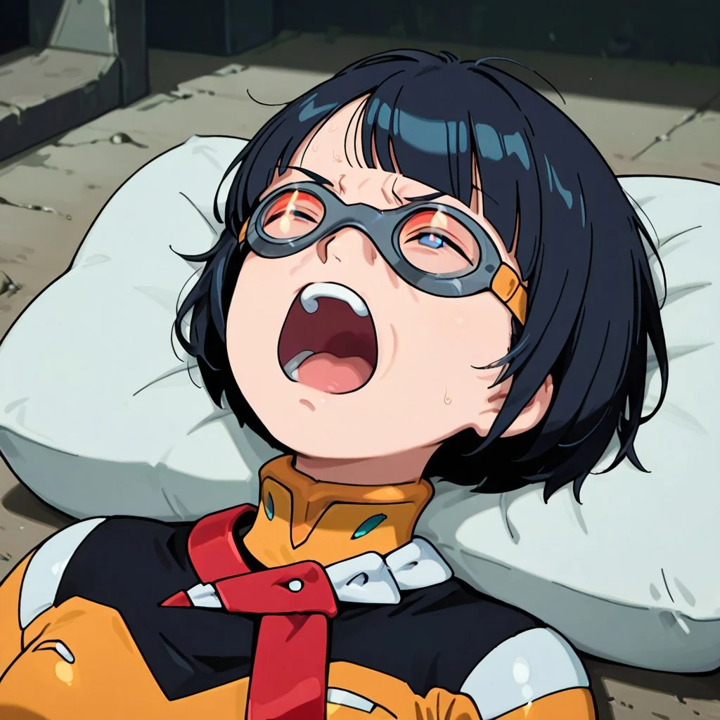 <lora:costume_bask_gogglesXLIllustrious002>,
masterpiece,best quality,good quality,newest,
outdoors,
solo,
anime coloring,
bask_goggles\(goggles\),goggles,tinted_eyewear,opaque_glasses,
,ikisugi,open mouth,closed eyes,on back,lying,pillow,teeth,upper teeth only,screaming,
gundam_gquuuuuux_shiiko_sugai, black hair, blue eyes, white pupils, blunt bangs, swept bangs, orange pilot suit,  thigh gap, short hair