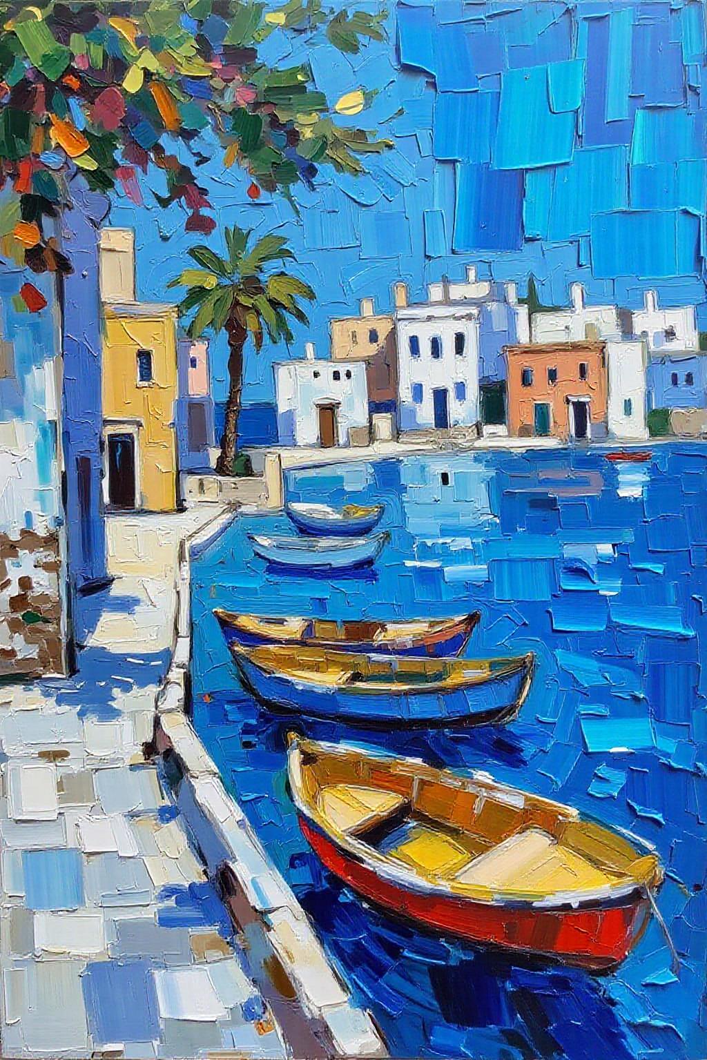impasto oil painting. a vibrant blue body of water with a row of boats floating on it. The boats are painted in a variety of colors, including yellow, orange, and blue, creating a striking contrast against the backdrop of the scene. To the left of the boats, a concrete walkway extends into the water, adding a touch of depth to the composition. In the distance, a palm tree casts a shadow on the water's surface. The buildings in the background appear to be painted in shades of blue, white, and orange.  <lora:impasto5_nocap_d6a3:1.0> <lora:Flux-Sch-SingleBlocks-BF16:1.0><lora:803878746923988927:0>