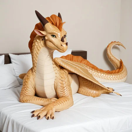core_9, score_8_up, score_7_up, score_6_up, masterpiece, high quality, realistic, detailed, best quality, 1girl, solo, rating_safe, source_furry, bedroom, smiling, seductive, looking at viewer, lying on bed, Sandwing, yellow scales, dragon, scales, horns, claws, wings, tail, Sunny_wof, bright yellow scales, female, green eyes, negative_hand, lying on bed, facing viewer, feral, female, orange hair, full body, orange wings