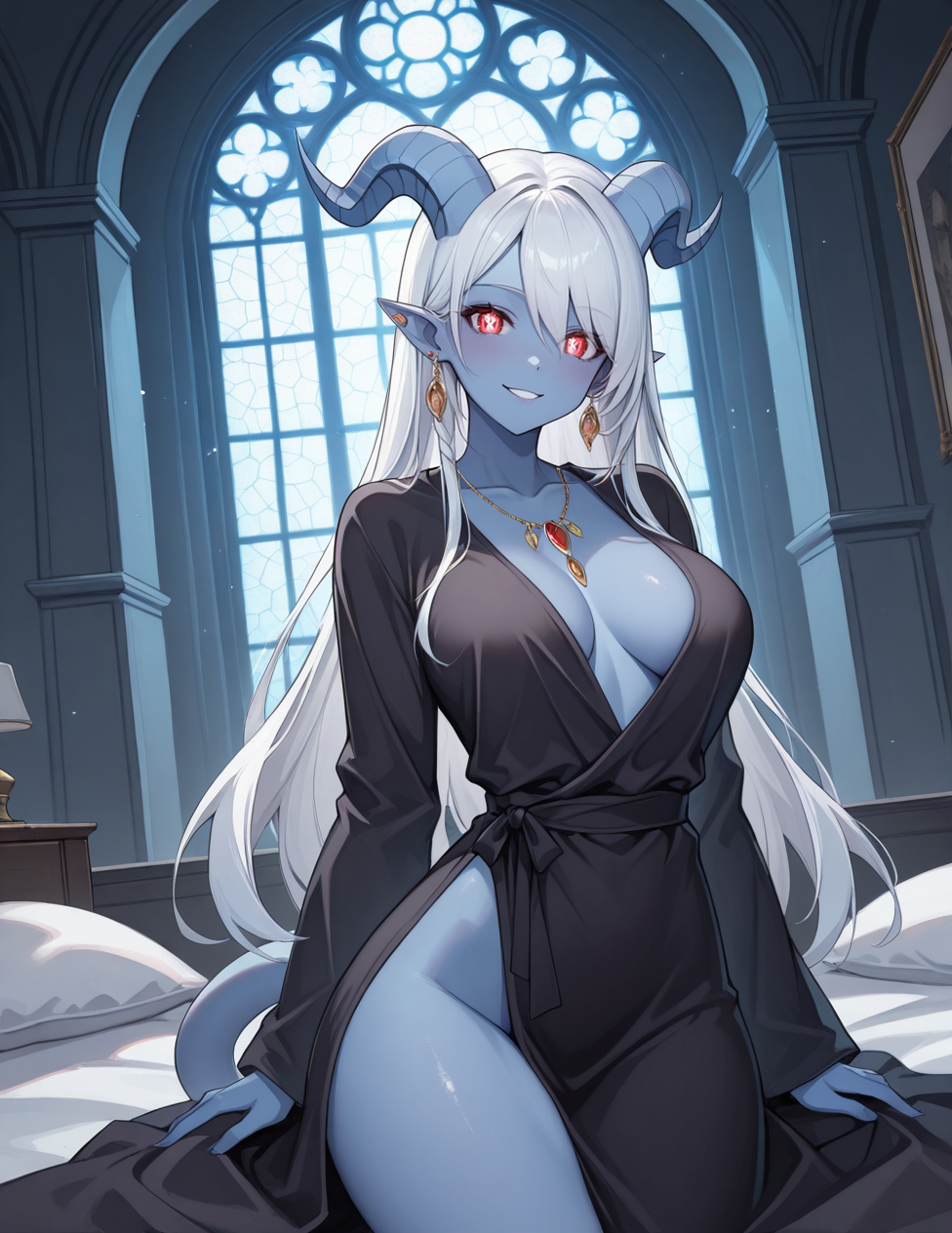 (masterpiece, best quality, ultra detailed, 8k, 4k, hi res, absurdres:1.3), (detailed texture lighting, detailed surface lighting) BREAK Indoors, castle, castle room, stained glass windows BREAK
1girl, anthro, female draenei, looking at viewer, robe, mage robe, necklace, earrings, pointy ears, blue skin, white hair, luminous eyes, smile