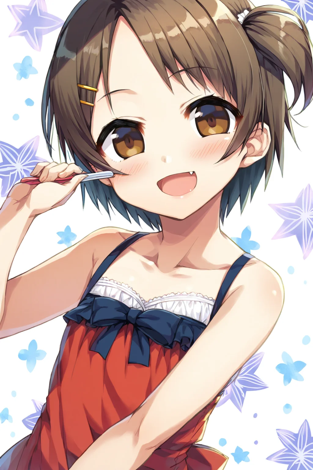 core_9,score_8_up,uncensored,1girl,<lora:CURA_pony_V2:0.9>,minokasa nagi,1girl,solo,hair ornament,smile,open mouth,fang,brown eyes,:d,holding,blush,one side up,dress,sleeveless,bangs,collarbone,bare shoulders,bare arms,looking at viewer,upper body,hairclip,brown hair,parted bangs,short hair,bow,black hair,flat chest,