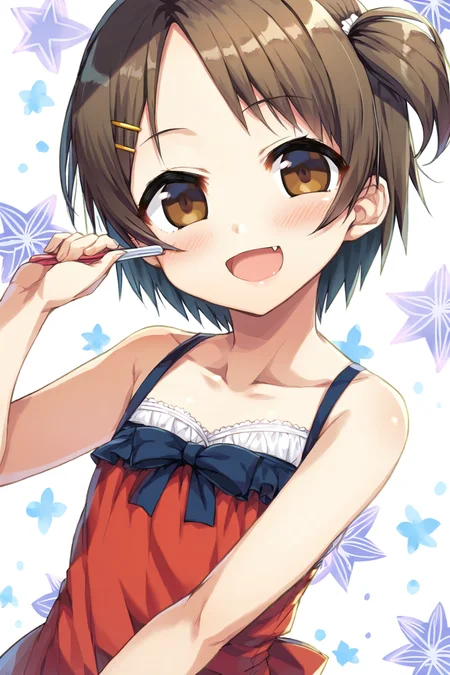 core_9,score_8_up,uncensored,1girl,<lora:CURA_pony_V2:0.9>,minokasa nagi,1girl,solo,hair ornament,smile,open mouth,fang,brown eyes,:d,holding,blush,one side up,dress,sleeveless,bangs,collarbone,bare shoulders,bare arms,looking at viewer,upper body,hairclip,brown hair,parted bangs,short hair,bow,black hair,flat chest,
