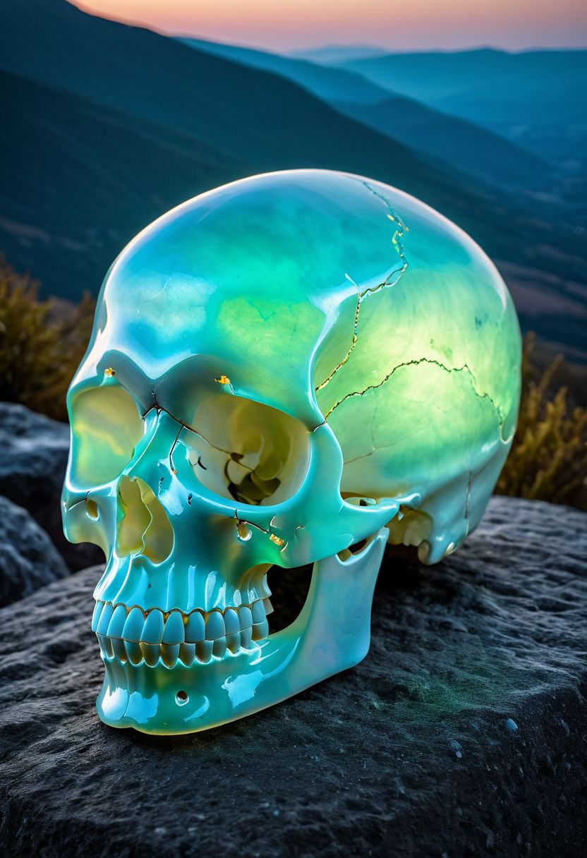 Fujifilm XT3, Sony A7 IV, (award winning photography) a delicate translucent skull made of opal set on a stone ledge in the early morning light, glistening. in the background beautiful valleys, divine iridescent glowing, opalescent textures, volumetric light, ethereal, sparkling, light inside body, bioluminescence, studio photo, highly detailed, sharp focus (highest quality: 1.39) (highest coherency: 1.39) (award winning photography), highly detailed photography, (muted colors, cinematic, dim colors, soothing tones:1.2), vibrant, insanely detailed, hyperdetailed, (dark shot:1.2), (vsco:0.3), (intricate details:0.9), (hdr, hyperdetailed:1.2) (vignette), sss