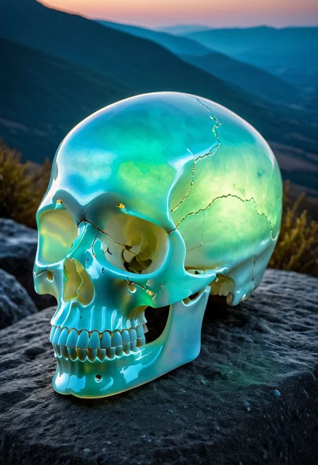 Fujifilm XT3, Sony A7 IV, (award winning photography) a delicate translucent skull made of opal set on a stone ledge in the early morning light, glistening. in the background beautiful valleys, divine iridescent glowing, opalescent textures, volumetric light, ethereal, sparkling, light inside body, bioluminescence, studio photo, highly detailed, sharp focus (highest quality: 1.39) (highest coherency: 1.39) (award winning photography), highly detailed photography, (muted colors, cinematic, dim colors, soothing tones:1.2), vibrant, insanely detailed, hyperdetailed, (dark shot:1.2), (vsco:0.3), (intricate details:0.9), (hdr, hyperdetailed:1.2) (vignette), sss