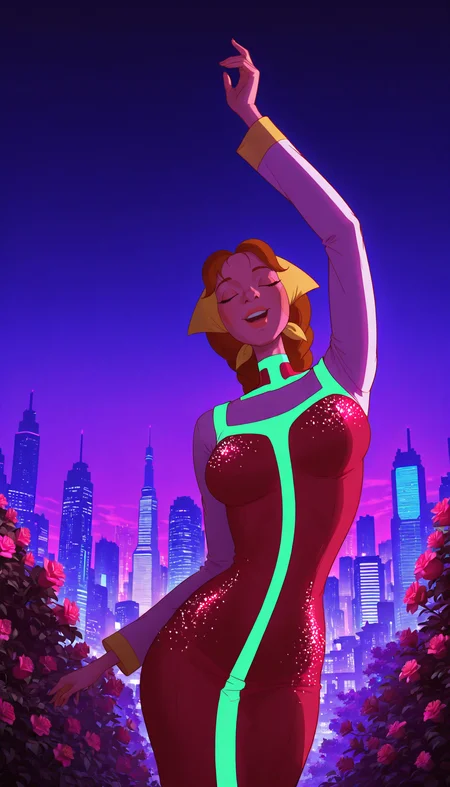 neonpunk style mature female,
<lora:spletni:1.2> spletniza, 1girl, solo, long hair, braid, dress, brown hair, flower, arm up, red dress, closed eyes, single braid, dancing, open mouth, smile, long sleeves, breasts, bush, outdoors, very long hair . cyberpunk, vaporwave, neon, vibes, vibrant, stunningly beautiful, crisp, detailed, sleek, ultramodern, magenta highlights, dark purple shadows, high contrast, cinematic, ultra detailed, intricate, professional