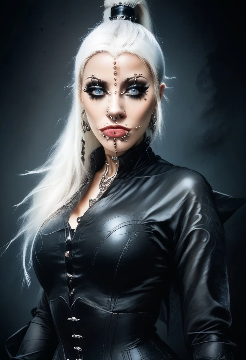 score_9, score_8_up, score_7_up, rating_safe, concept art, realistic, dark theme, low light, dvr-gs, Fixhand.
1girl, solo, Lush white hair, blue eyes. Sexy makeup.
(Big breast:1.2), (Round breast:1.2).
((ExtrFacePiercing:1.8)).
(latexHood), ponytailHair.