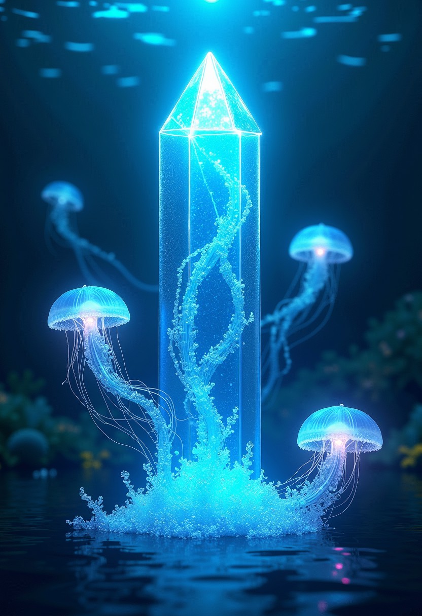 (Bioluminescent glow, ethereal ocean) A scene where a towering, radiant blue crystal emerges from the depths of a mystical ocean, surrounded by ethereal jellyfish with iridescent tendrils. The crystal pulses with an otherworldly light, as if it holds the essence of the ocean itself. The jellyfish float gracefully around it, their bioluminescence blending with the crystal’s glow, creating a harmonious dance of light in the deep, dark waters. [Cosmic echoes] ripple through the scene, blurring the line between reality and fantasy.