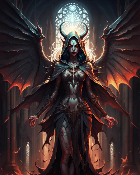 closeup portrait of a female erotic succubus demon wearing sexy robes, AngelicStyle <lora:SDXLAngelic:0.8> spread arms, cloak, hood, bright Christian cathedral, powerful, demonic, glowing eyes,, (cartoon monster:1.3), cute, big eyes, big mouth, art by gediminas pranckevicius and Alexander Jansson, Pixar, centered, dramatic lighting, glowing light, simple solid background, no background, detailed face, cinematic