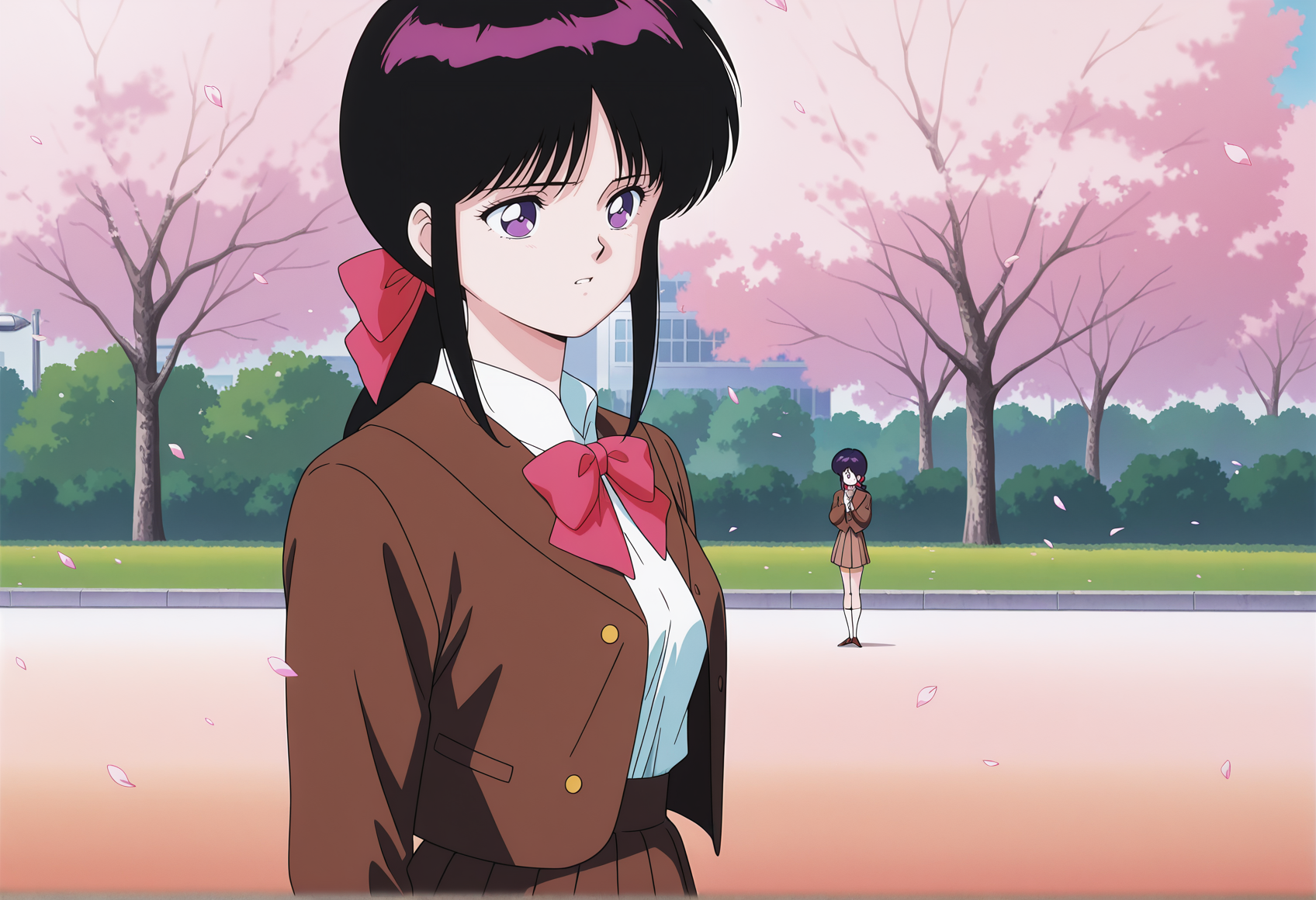 anime screenshot, anime screencap, anime coloring, retro artstyle, 1980s \(style\), 1girl. black hair, long hair, sidelocks, low ponytail, hair bow, purple eyes, school uniform, white shirt, brown skirt, brown blazer, brown skirt, outdoors, park, petals <lora:Pai_3x3_eyes:1>, masterpiece, best quality, amazing quality, very aesthetic, absurdres, highres, newest