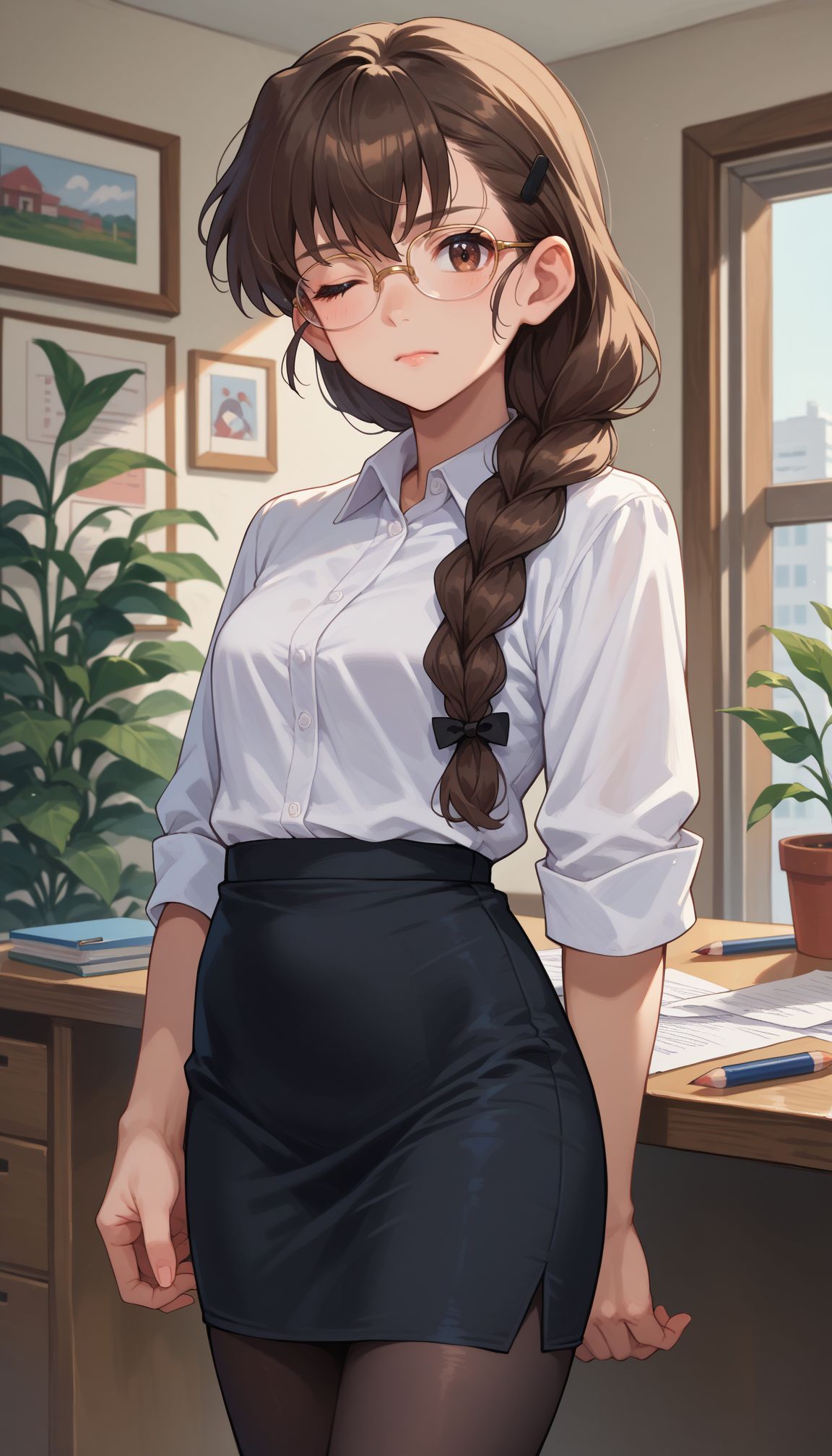 score_9, score_8_up, score_7_up, score_6_up, 
 <lora:Rukuriri:1> single braid, hair over shoulder, brown eyes, long hair, bangs, braided ponytail, hairclip, hair ribbon, hair ornament,   one eye closed, glasses, white shirt, collared shirt, black skirt, pencil skirt, black pantyhose, indoors, office