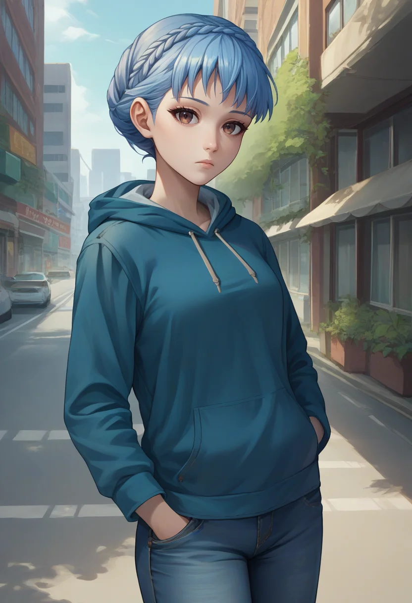 score_9, score_8_up, score_7_up, source_anime, 1girl, mariannernd, expressionless, looking at viewer, hand in pocket, crown braid, blue hoodie, jeans, outdoors, city street <lora:fireemblem_marianne_ponyXL:1>