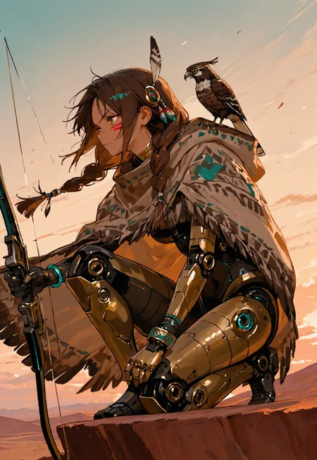 (masterpiece, best quality), 8k, serious side profile of a Native American-inspired android girl, brown hair,long twin braids,gold eyes,
BREAK
kneeling on one knee, on a cliff, overlooking the vast desert below,(holding a hunting bow,perfect product),traditional face paint,(hair and cloak fluttering in the wind:1.2) ,patterned tribal design on the cloak,(a mechanical hawk perched on her shoulder),Turquoise Bracelet around one arm,feathers and beads in her hair, dramatic lighting, sunset sky, cinematic mood,
BREAK
mechanical skin,mechanical legs,mechanical arms