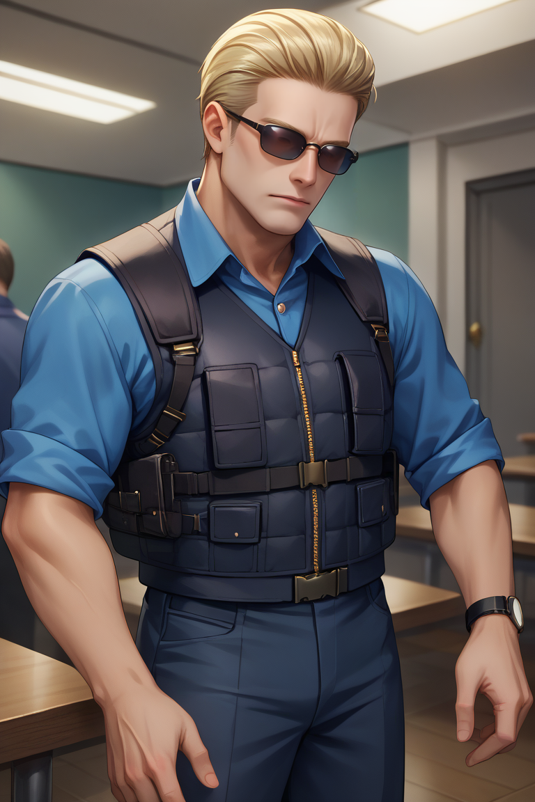 score_9, score_8_up, score_7_up, BREAK, <lora:albertwesker-guy-PONYv1:.9>, 1boy, solo, albertwesker, indoors, police uniform, aviator sunglasses, bulletproof vest, holster, walkie-talkie, uniform, blue shirt,
