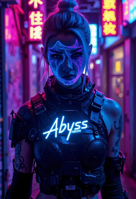 bo-neon, A striking cyberpunk woman, clad in sleek, obsidian-black leather armor that reflects the pulsating neon lights of the city, stands poised in a shadowed alleyway. Her face, sharp and angular, is illuminated by the glowing, violet and crimson lights of the digital signage that lines the walls. A single, intricate tattoo, a swirling vortex design, winds around her left arm, its color shifting from electric blue to a fiery magenta in the shimmering neon light. The character of "Abyss Neon" â bold, italicized, and glowing luminescentâis etched onto her chest plate, its letters a vibrant, ethereal aqua, pulsating with inner light. The alley's walls drip with rain-slicked, chrome graffiti, and the air is thick with the metallic scent of ozone and burning synthetic fibers.<lora:FLUX Abyss Neon\abyss-neon.safetensors:1.0:1.0>
