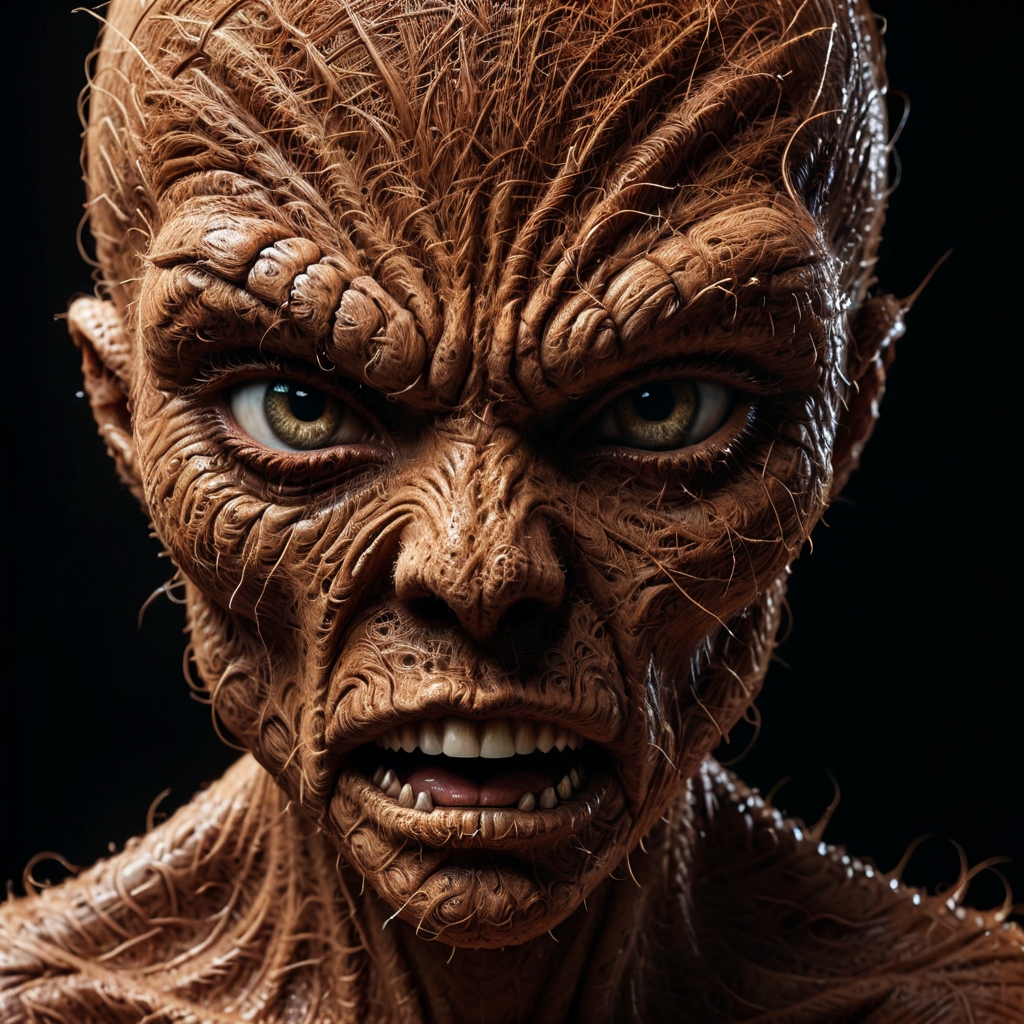 pamcocomat close-up-portrait of alien face,angry, super high details, skin details, pores, wet skin, scale, sharp teeth, ultrarealistic, studio lightning, black backgroundfull depth of field and realistic textures,highly detailed,masterpiece,high quality, 8K Ultra HD