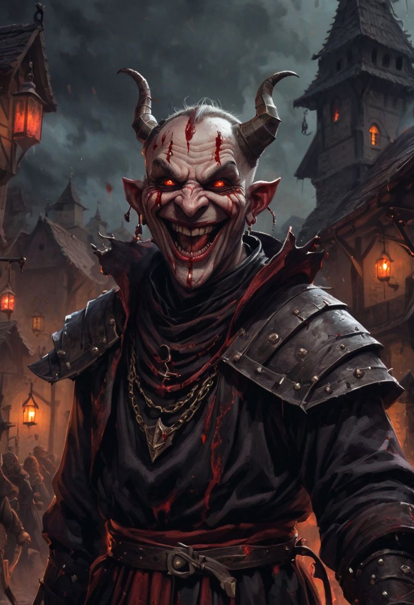 A chaos priest. Terrifying smile. Blood. medieval village. Insane. Insane. Terrifying. Night. DEVIL SPAWN