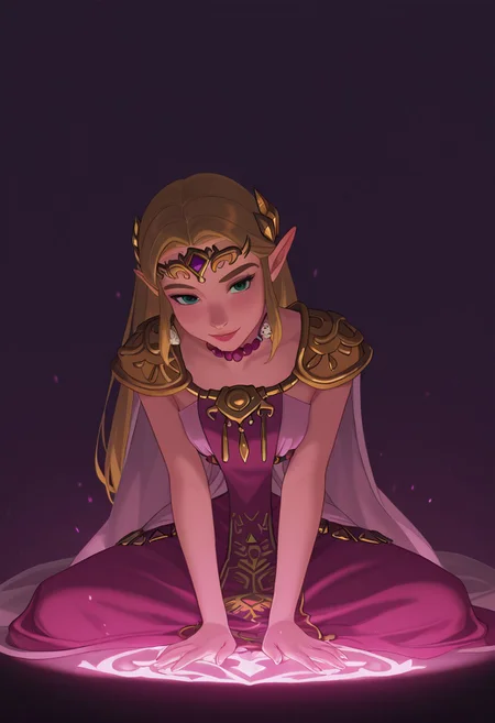 DisneyRenstyle, DISNEY_ANIMATION,
masterpiece, best quality, hyper-realistic, ultra-HD, luminous lighting, cinematic ambiance, shimmering gradients, ethereal glow, deep contrast, rich color tones, seductive atmosphere, captivating sensuality, Cinematic Lighting, (princess zelda:1.3)
raytracing, volumetric lighting, ambient occlusion, Background, girl, solo, dress, sitting,leaning forward,
