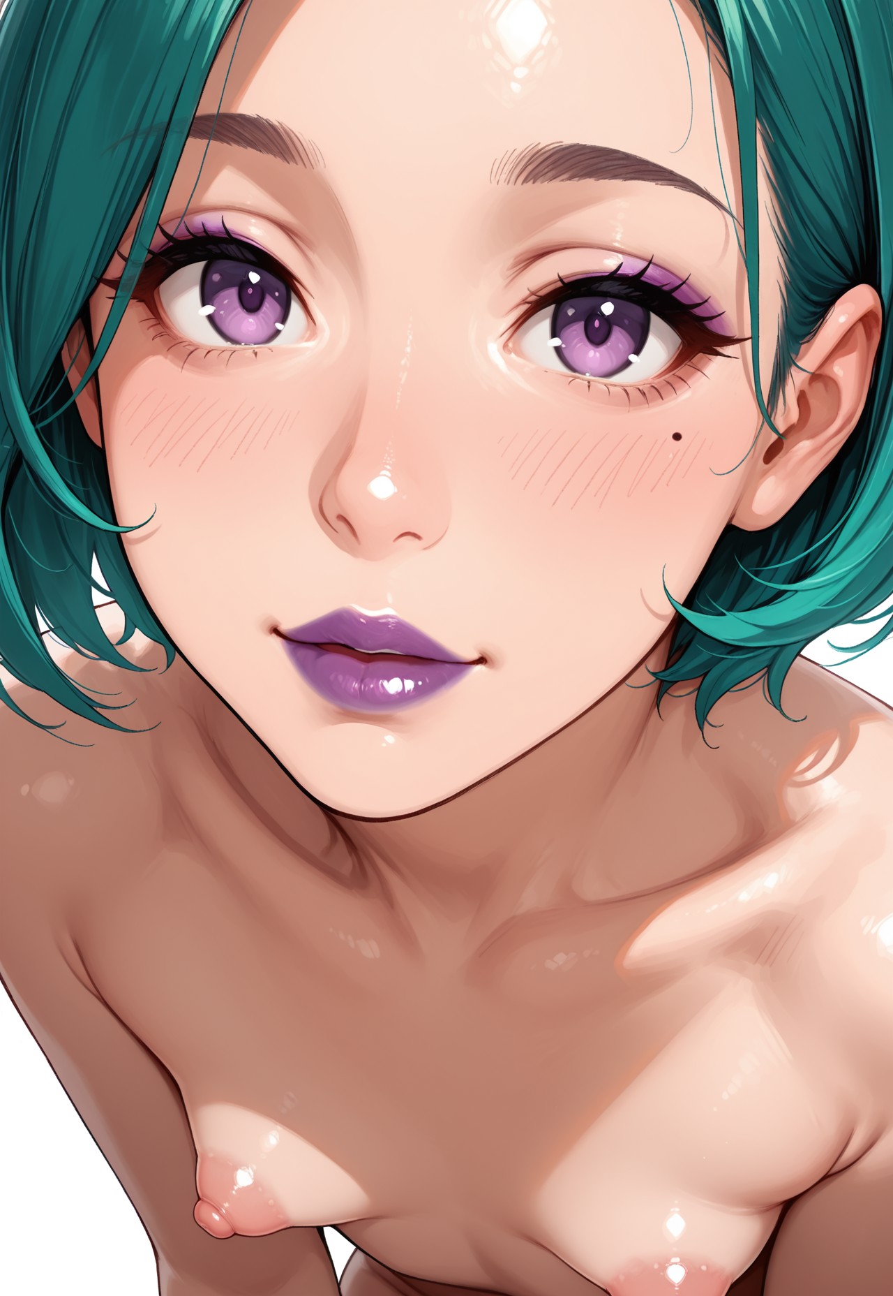 vivid, bright colours, masterpiece, best quality, good quality, very aesthetic, absurdres, newest, 1 woman, 30 years old, a woman with short purple and green hair, small perky breasts, puffy nipples, small tits, feet, toes, purple lipstick, purple nails, nail polish, short hair, purple eyes, naked, slim, facing forward, flat chest, mature, aged up, older, mole, portrait, close up, face focus, zoomed in, 