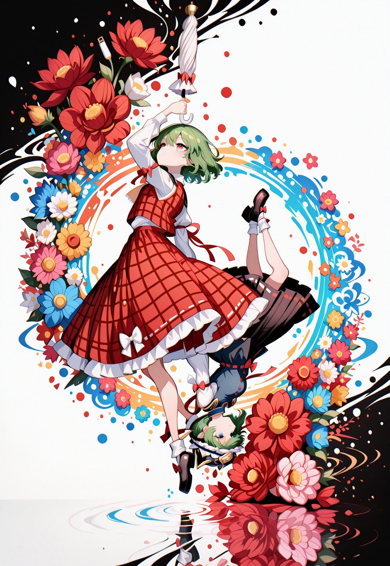 masterpiece, best quality, amazing quality, very aesthetic, absurdres, newest, highres, 4k,8k,Ultra HD, extremely detailed,
(2girl, multiple girls, multiple different girls, 2 different girls),
(rotational symmetry, different reflection, refraction, surreal,, diagonal split screen, flower  pattern),
(white background on left, black background on right),,
female left side (kazami yuuka, red eyes above head, holding umbrella, looking at another),,
female right side (shiki eiki, blue eyes above head, looking at another),,
colors, colorful flowers floating in air, a giant huge flowers ring in background,
floating equinox flower, floating higanbana, floating red lycoris,
pikus0n_style, sometyome_illu, minimalism