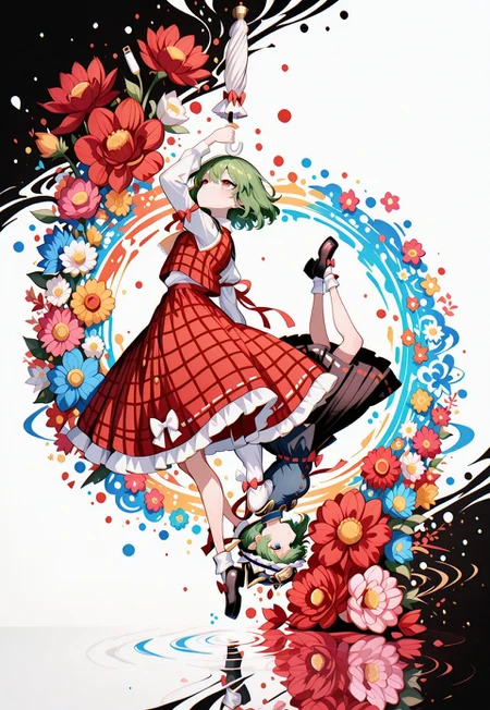 masterpiece, best quality, amazing quality, very aesthetic, absurdres, newest, highres, 4k,8k,Ultra HD, extremely detailed,
(2girl, multiple girls, multiple different girls, 2 different girls),
(rotational symmetry, different reflection, refraction, surreal,, diagonal split screen, flower pattern),
(white background on left, black background on right),,
female left side (kazami yuuka, red eyes above head, holding umbrella, looking at another),,
female right side (shiki eiki, blue eyes above head, looking at another),,
colors, colorful flowers floating in air, a giant huge flowers ring in background,
floating equinox flower, floating higanbana, floating red lycoris,
pikus0n_style, sometyome_illu, minimalism