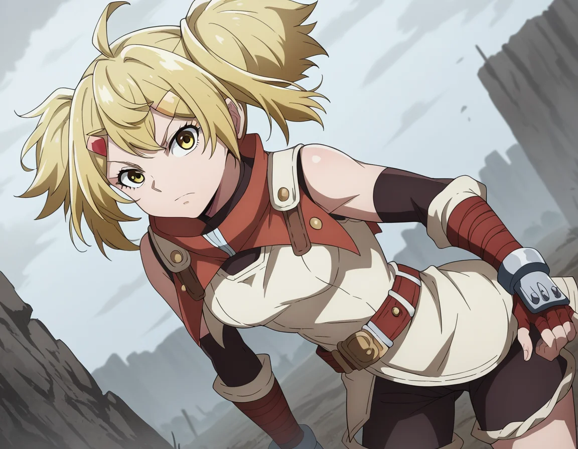 score_9, score_8_up, score_7_up, source_anime,
oikatzo, <lora:oikatzo-s1-ponyxl-lora-nochekaiser:1>,
oikatzo, blonde hair, hair ornament, twintails, yellow eyes, hairclip, short twintails,
gloves, belt, fingerless gloves, red gloves,
outdoors, wasteland, bent over,
looking at viewer, dutch angle, cowboy shot,