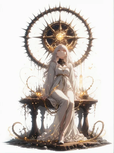 (white background, sssplash, full body:1.2),   1girl, solo, memory-weaver, she sits gracefully before a massive ancient wooden loom, instead of thread she weaves with shimmering translucent ribbons of pure light, her dress is simple and elegant, her dress seems to be made of the same light-ribbon material, featuring scenes of other times and places slowly moving across its surface, her hair is long and intricately braided with fiber-optic cables that glow softly, her hands move with precision pulling and threading the light creating a glowing tapestry that shows a scene of a futuristic city, the background is a dark quiet chamber, with the only light coming from the magical loom and its creation,