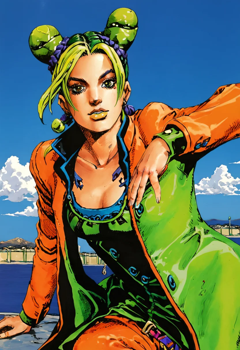 best quality, close up, a jolyne kujo with green yellow and green hair with bun in orange coat , blue and orange colors, simple sky in background, by araki hirohiko <lora:araki_hirohiko-000016:0.7> <lora:add-detail-xl:0.4>