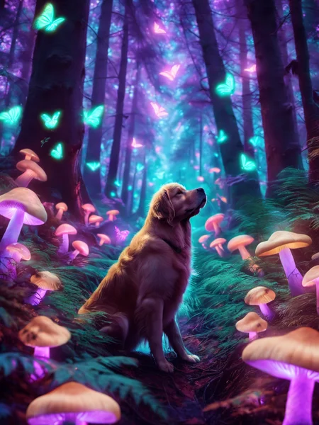pet portrait of 1 chubby golden retriever in a glowing forest with glowing mushrooms and glowing butterflies, hd, pet photography, distant portrait <lora:glowing_forest_pet_portrait-000004:1>