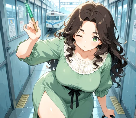 PonyScores7, source_anime, ah1, IllustriousQual, <lora:natsumi_style:0.5>, <lora:by_usakun-pony:0.4> by usakun, <lora:Akina_Bbw_Style_-_PonyXL:0.2> AkinBw
BREAK 1girl, (curly hair), long hair, (black hair:1.3), mature female, (parted hair:1.7), (round face:1.2), (thick eyebrows:1.3), (curvy), round-chin, (greenish brown eyes:1.4), (colorful eyes:1.3), (multicolored eyes:1.3), caucasian, (downturned eyes:1.4), (plump face), messy hair, <lora:Round_face:0.1>, <lora:ETO_OCPonyXL:0.5> eto_oc, skindentation, (plump), thick thighs, wide hips, busty, voluptuous, kinky curls, lips, <lora:venus body PonyXL:0.4>,  ((;/), (Emerald flames flicker from her fingertips, dancing lively as her hand moves rhythmically), (model train club, intricate layouts in a hobbyist's basement)), looking at viewer, ((lilac bold, vibrant-colored dress with a scoop back and knee-high slit, made from stretchy polyester that accentuates your curves))
BREAK <lora:xl_more_art-full_v1:0.2>, <lora:shinyskin2:0.2> glistening skin, <lora:aesthetic_anime_v1s:0.2>, <lora:Expressive_H:0.2> Expressiveh, <lora:hairdetailpxl:0.2> hairdetailpxl, <lora:EpicF4nta5yXL:0.2>, <lora:detailxl:0.2> detailxl, <lora:Fant5yP0ny:0.2>, best quality, amazing quality, best aesthetic, absurdres, <lora:expressive eyes:0.2> expressive eyes, <lora:eyedetailpxl:0.2> eyedetailpxl, illustration, Volumetric_Lighting, ultra-detailed, very aesthetic, intricate details, 8k, masterpiece, best_quality 
BREAK (Wide Shot), (zoom out:1.5)
BREAK <lora:Eyes_High_Definition:0.3> EyesHD, Stable_Yogis_PDXL_Positives, AS-Adult, <lora:Complicated fantasy portrait - XL Pony V2.0:0.4>, bad-hands-5, <lora:HDA_Detailer:0.2>, HDA_FatGirlXL,