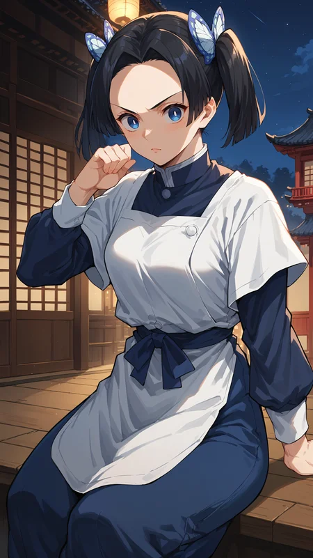 score_9,score_8_up,score_7_up,score_6_up, source_anime, zPDXL3, <lora:xl_more_art-full_v1:0.5>, girl, dynamic pose, resting on a diagonal, <lora:Aoi Kanzaki - Pony-000004:0.8>, black hair, short twintails, blue eyes, butterfly hair ornament, hair ornament, blue shirt, blue pants, white apron, evening, darkness, night time, east asian architecture,