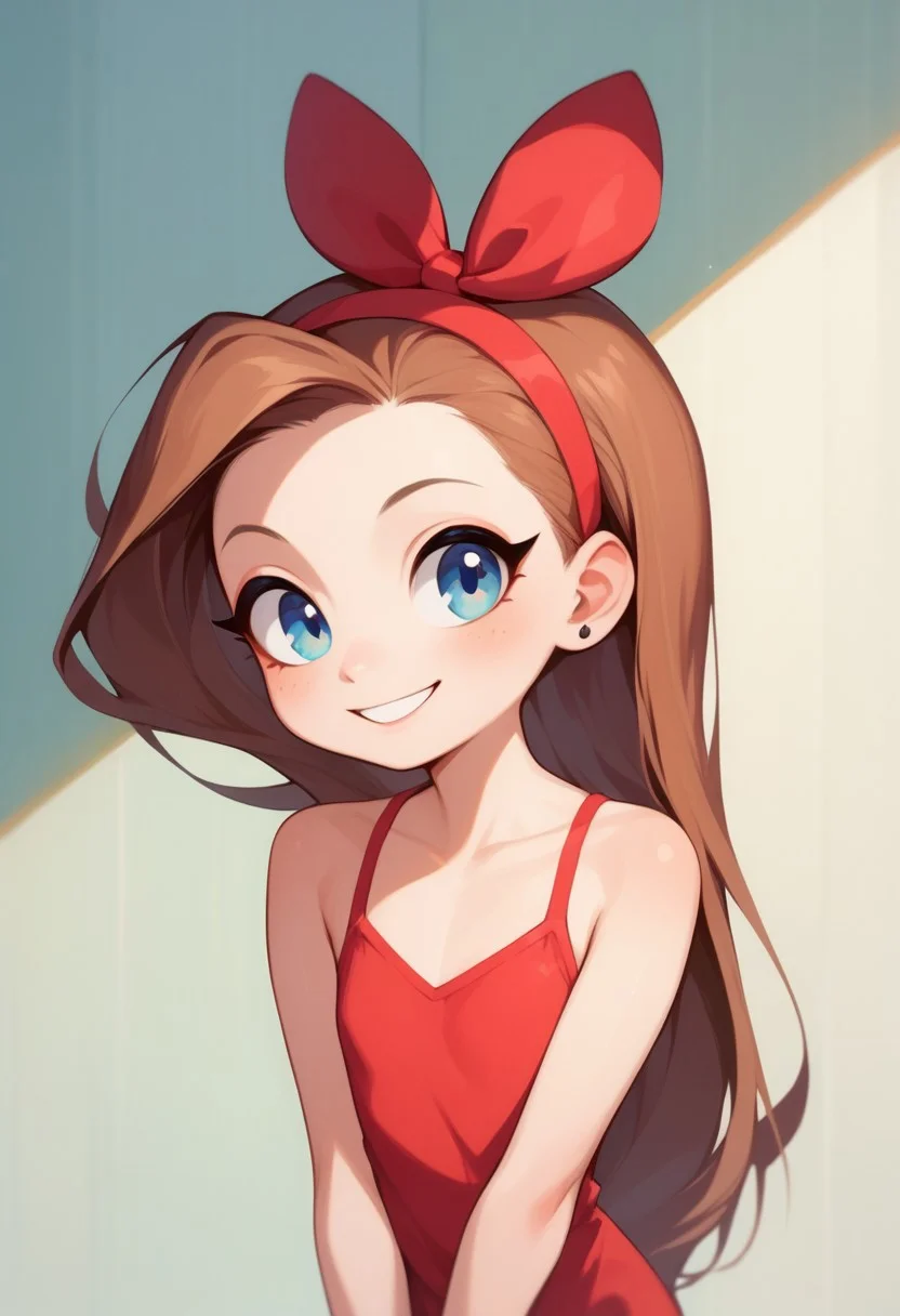 score_9, score_8up, score_7up, 1girl, solo, HazbinStyle, HCSV1, cartoon character, human, little girl, child, young, small cute, light blue eyes, pale skin, long hair, brown hair, red hairband, red hairbow, hair bow, red swimsuit , white pantyhose, natural lighting, flat chest, looking at viewer, smile, cheerful, standing, hands between legs, cowboy shot, upper body, closeup,