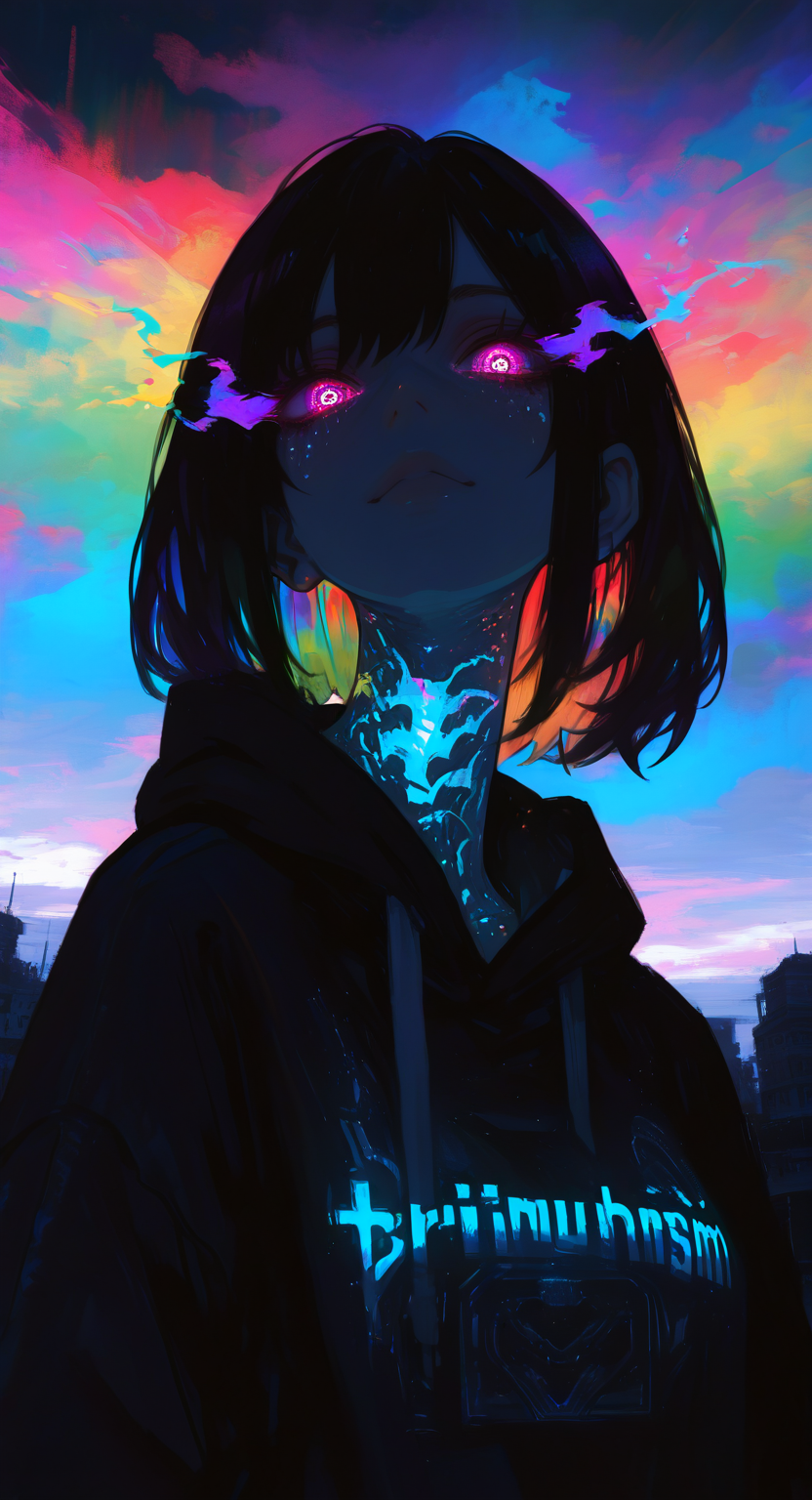 masterpiece, best quality, Good quality, very aesthetic, absurdres, newest, 1girl, bristle, Transhumanism,
looking_at_viewer, glowing_eyes, rainbow background <lora:ponyv5_noobV065S_1_adamW-000013:0.7> <lora:USNR_STYLE_XL_lokr:0.45> <lora:EtherSDXL:0.15> <lora:748cmSDXL:0.8>