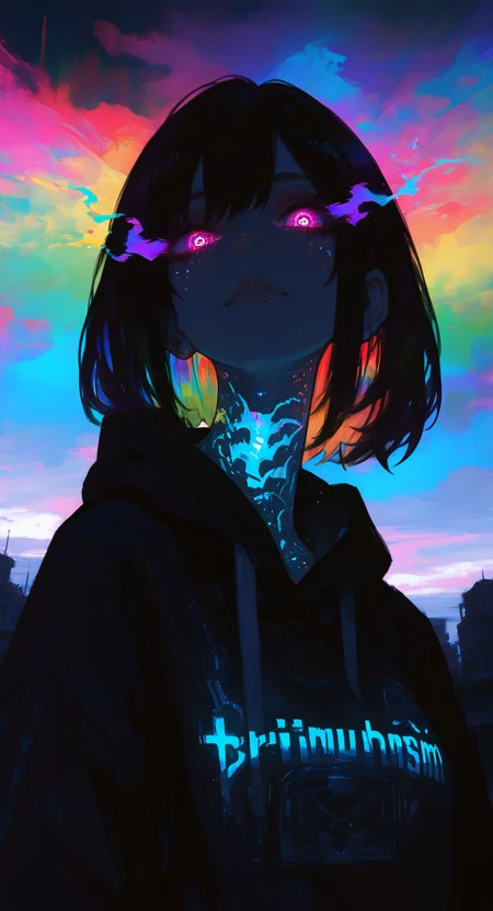 masterpiece, best quality, Good quality, very aesthetic, absurdres, newest, 1girl, bristle, Transhumanism,
looking_at_viewer, glowing_eyes, rainbow background <lora:ponyv5_noobV065S_1_adamW-000013:0.7> <lora:USNR_STYLE_XL_lokr:0.45> <lora:EtherSDXL:0.15> <lora:748cmSDXL:0.8>