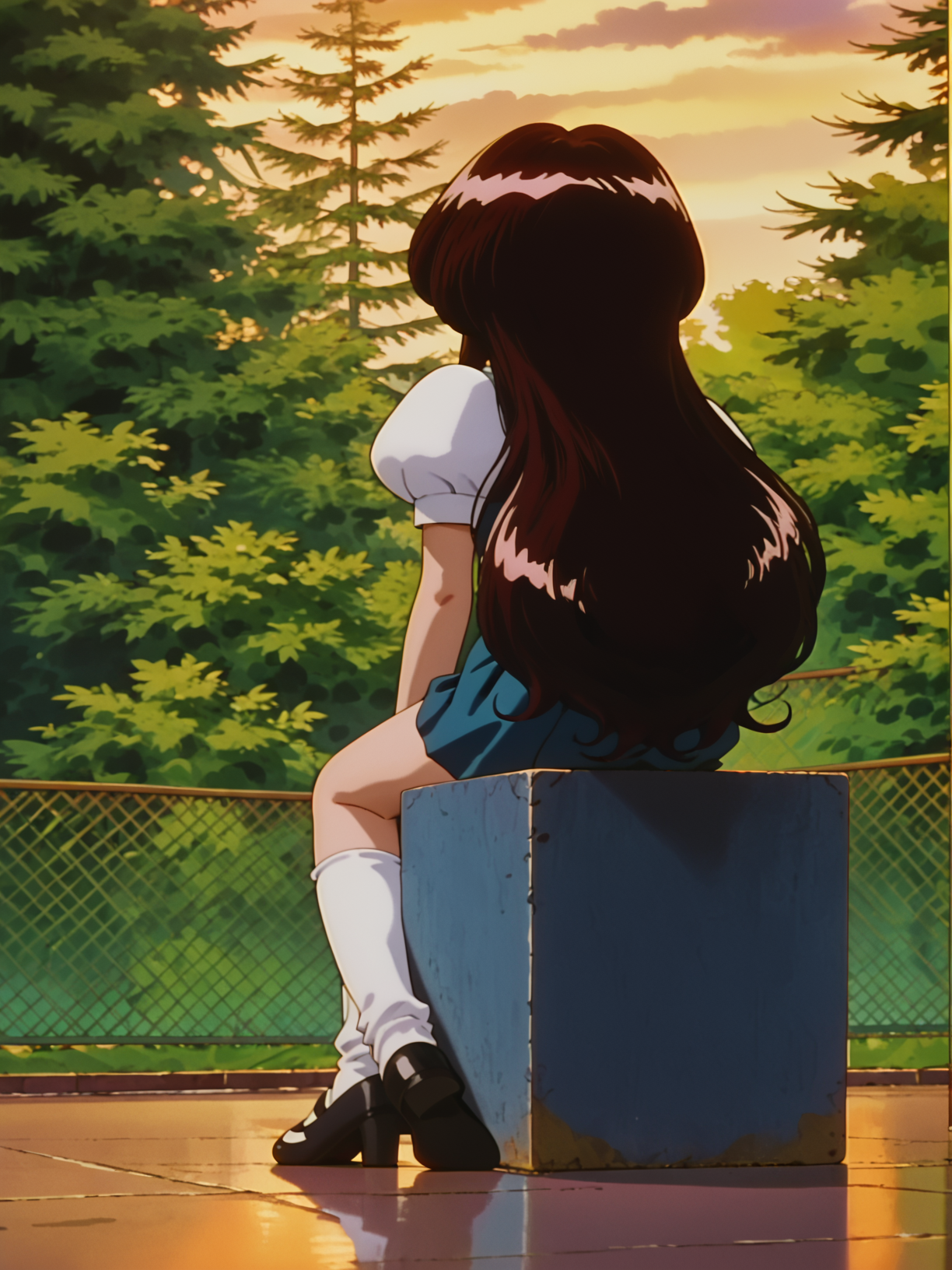 score_9, score_8_up, score_7_up, 1girl, solo, source_anime, anime_screencap, pkmGiselle, long hair, very long hair, big hair, puffy sleeves, short sleeves, mary janes, shoes, socks, <lora:pkmGiselle:1> from behind, outside, sitting,