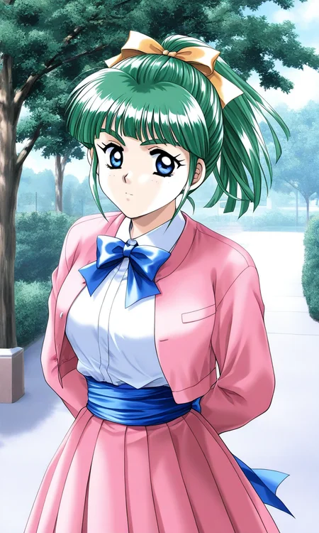 general,highres, ultra-detailed,very aesthetic,best quality ,best hands, BREAK <lora:Iijima_Miyuki_kakyuusei_Ver2.0_IS:1>
Iijima_Miyuki(kakyuusei), 1girl, solo, green hair, high ponytail, bangs, short hair, blue eyes, hair ribbon,Yellow ribbon, breasts, white shirt,
pink jacket, bowtie, blue bow, shirt, jacket, white shirt, blue bowtie, pleated skirt, pink skirt, blue sash, arms behind back, long sleeves, outdoor, day, tree,
