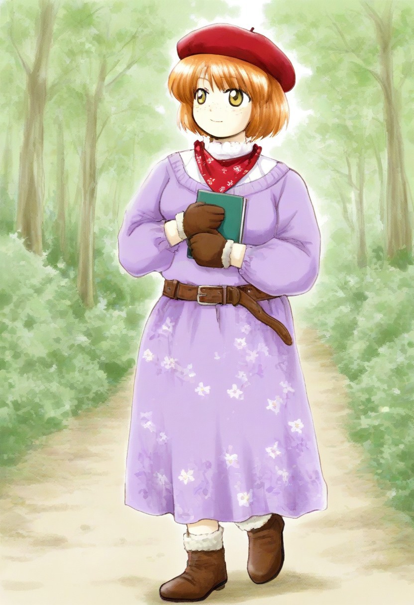 colorful, EoSD, BREAK, BREAK, 1girl, solo, (tall, chubby, yellow eyes, short hair, red beret, ginger hair, freckles, long sleeves, purple sweater, purple dress, white collar, red bandana around neck, long skirt, floral pattern skirt, leather belt, brown boots, wool gloves, long wool socks,), full body, holding notebook, walking, looking away, outdoors, forest, simple background