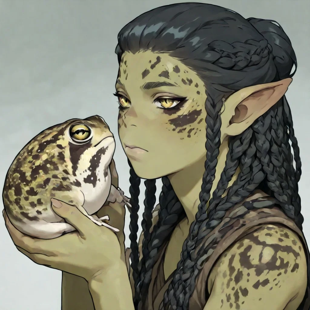 masterpiece, best quality, newest, absurdres, highres, anime, anime style,
1girl, GIV1.0-IL, gith_(d&d), pointy ears, slit pupils, colored skin, grey colored skin, grey skin, black hair, braid, braided hair, multiple braids, taid hair, holding frog, holding, holding pet,
DRFTPFV1.0, frog, desert rain frog, african rain frog, animal, animal Focus,