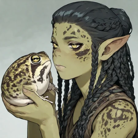masterpiece, best quality, newest, absurdres, highres, anime, anime style,
1girl, GIV1.0-IL, gith_(d&d), pointy ears, slit pupils, colored skin, grey colored skin, grey skin, black hair, braid, braided hair, multiple braids, taid hair, holding frog, holding, holding pet,
DRFTPFV1.0, frog, desert rain frog, african rain frog, animal, animal Focus,
