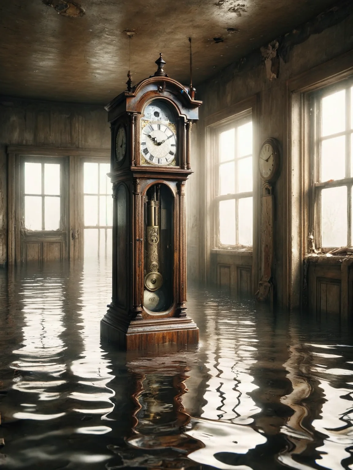 ais-fld an antique grandfather clock in an abandoned hall <lora:Flooded_SDXL:1>